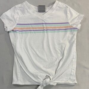 Puma White Short sleeve V-neck Tee with Pastel Stripes and front tie